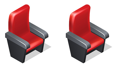 Cinema red armchair isometric icons with shadow cartoon vector illustration isolated on white . Movie industry element, spectator chair, audience seat theater or cinema hall