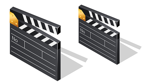 Cinema film clapperboards isometric icons with shadow cartoon vector illustration isolated on white . Movie industry element, clapper for shooting footages or movie scenes