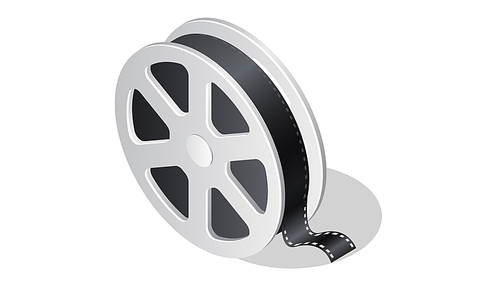 cinema isometric icon with shadow cartoon vector illustration isolated on . movie industry element, film reel or spool with cinema tape