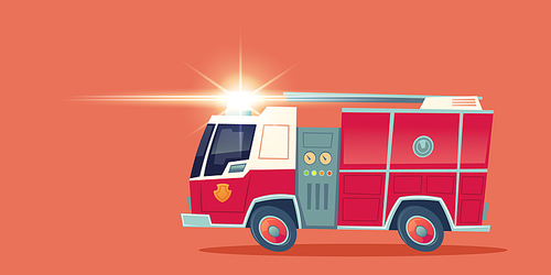 Red fire engine, emergency rescue truck with ladder and flasher siren light. Vector cartoon illustration of firefighter vehicle side view isolated on red background