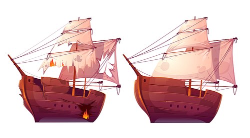 Retro wooden ships with white sail cartoon vector. Galleon or frigate and broken sailboat after sea battle. Ship in fire with holes in the hull isolated on white 