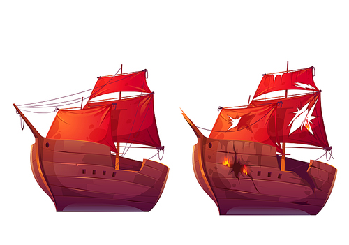 Retro wooden ships with red scarlet sail cartoon vector. Galleon or frigate and broken sailboat after sea battle. Ship in fire with holes in the hull isolated on white 