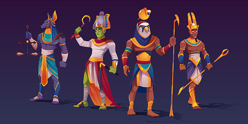 Egyptian gods Anubis, Ra, Amon and Osiris. Ancient Egypt deities characters in pharaoh clothes holding divine attributes of power as scales with golden coins and staffs, Cartoon vector illustration