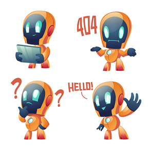 Cute chat bot cartoon vector set illustration. Yellow funny smart conversation robot, assistant make hand gesture waving hello, 404 error message and thinking with question mark, isolated on white