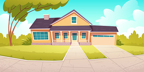 Suburban cottage, residential house with garage. Vector cartoon illustration of village mansion facade. Summer countryside landscape of with private building and tree