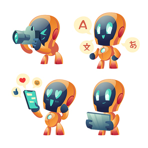 Cute chat bot cartoon vector set illustration. Yellow funny smart conversation robot, assistant with tablet and foto camera, reading message on mobile phone, online translator isolated on white