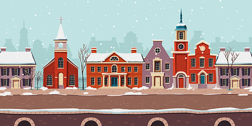 Urban street winter landscape 18th century with residential, government and church colonial buildings with white snow, retro cartoon vector background. Cityscape with pavement, facades, vintage town