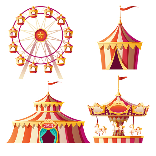 Amusement park, carnival or festive fair cartoon vector illustration. Merry-go-round, circus tent and ferris wheel, elements for children summer fun isolated on white , announcement set