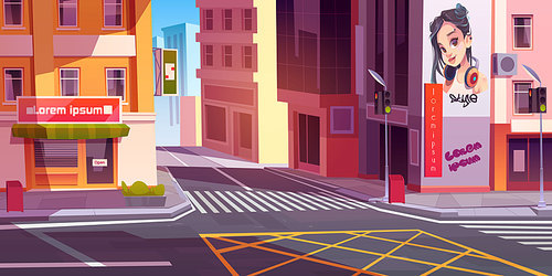 City street with houses, road with pedestrian crosswalk, traffic lights and store front with banner. Vector cartoon cityscape, urban landscape with residential buildings and shops