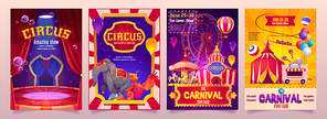 Circus show banners, big top tent carnival entertainment with elephant, phoenix on stage, ice cream booth and carousel. Invitation flyers, tickets to funfair amusement park, cartoon vector posters set