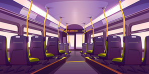 Empty bus or train interior with chairs, handrails and windows. Vector cartoon cabin of passenger carriage transport with comfortable seats and digital display back view