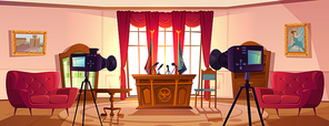 Empty conference room for presidents or government negotiations with tribune, microphones and flags of United States and another country, photo video cameras look on table Cartoon vector illustration
