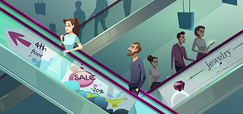 People on escalators in mall. Moving staircase, automatic ladder carrying man and woman up and down. Vector cartoon illustration of elevator stairs in shopping center