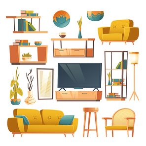 Living room interior set with sofa, armchair, bookshelves and tv. Vector cartoon furniture collection for house, modern decor, floor lamp and spring plants isolated on white background