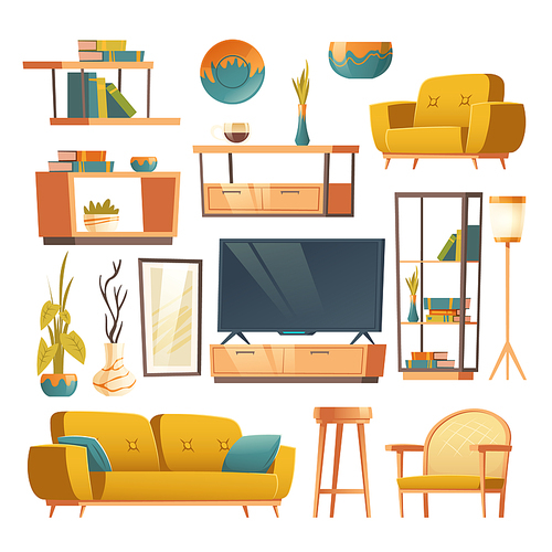 Living room interior set with sofa, armchair, bookshelves and tv. Vector cartoon furniture collection for house, modern decor, floor lamp and spring plants isolated on white 