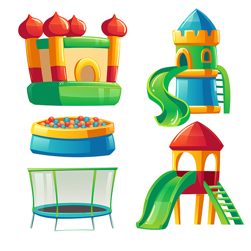 Playroom in kindergarten with slide, ball pool and trampoline. Vector cartoon set of furniture for children room in day care center or playground isolated on white 