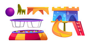 Playroom in kindergarten with table and chair, slide, ball pool and trampoline. Vector cartoon set of furniture for children room in day care center or playground isolated on white background