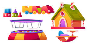 Kids playroom furniture and equipment set isolated on white background, dry pool with balls, trampoline, wooden house, train, block cubes toys for children games Cartoon vector illustration, clip art
