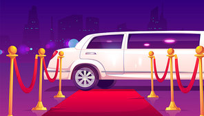 Limousine stand at empty red carpet with rope barrier. Luxury limo with closed door on cityscape background. Celebrity arrival, vip party and famous guest welcome event. Cartoon vector illustration