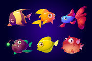 Sea fish set, tropical colorful aquarium and ocean underwater creatures with cute smiling faces and big eyes, characters for computer game, goldfish, wild angler, puffer Cartoon vector illustration