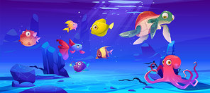 Underwater sea life. Vector cartoon illustration of ocean animals and fish. Undersea landscape with cute octopus, turtle and different fish. Funny aquatic creatures
