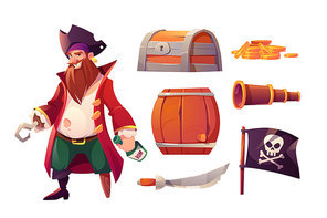 Vector set icons of pirate, treasure box, gold coins, barrel and black flag with skull and crossbones for ship. Cartoon corsair with hook and wooden foot with bottle of rum, weapon and spyglass