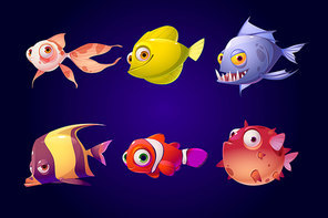 Sea fish set, tropical colorful aquarium and ocean underwater creatures with cute smiling faces and big eyes, characters for computer game, goldfish, piranha, clown, puffer Cartoon vector illustration