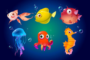 Cute sea animals, fish, octopus, jellyfish. Vector cartoon characters in ocean. Funny underwater creatures seahorse, puffer fish. Tropical aquatic fauna