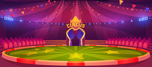 Circus arena, round stage for performance, carnival show. Vector cartoon empty interior inside of cirque tent with scene, seats, flags and searchlights