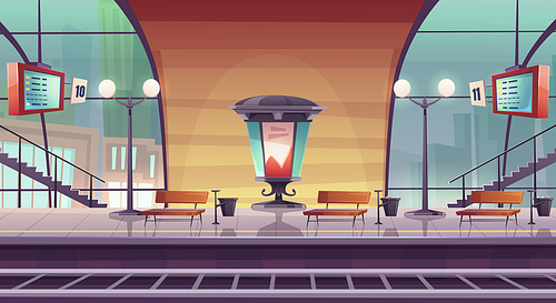 Railway station, empty railroad platform for train with glass dome, morris billboard pillar, arrival boards and benches, passengers waiting area, public transportation Cartoon vector illustration