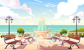 Summer seafront with fountain, benches and vintage fence. Vector cartoon sea landscape with quay, empty ocean promenade with decorative trees, street lamps and gulls
