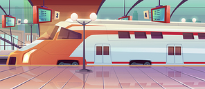 Railway station with high speed train and platform with schedule. Vector cartoon illustration of empty interior of subway waiting terminal with locomotive on railroad. Arrival passenger express