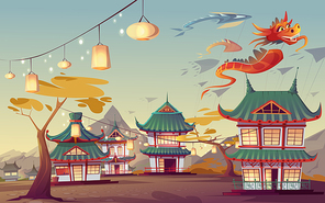 Weifang kite festival in China. Vector cartoon landscape of chinese village with traditional houses, glow lanterns on street and flying paper red dragon in sky