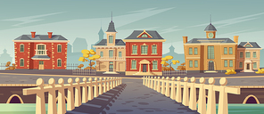 Bridge over rivet and promenade in old european town. Vector cartoon cityscape with old lake quay, empty seafront with retro architecture, autumn trees and pier