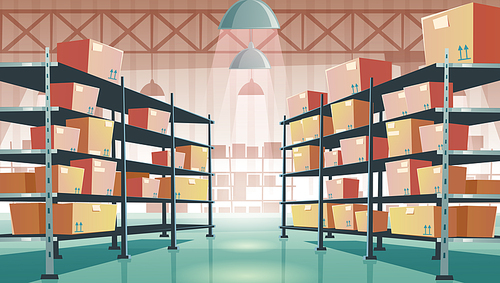 Warehouse interior with cardboard boxes on metal racks. Vector cartoon illustration of empty storage room interior with goods, cargo and parcels on shelves. Storehouse in store, garage, market