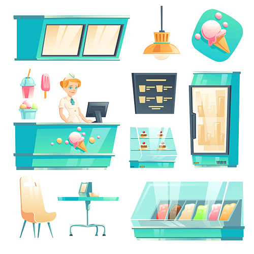 Ice cream shop interior with seller at counter, fridge and table. Vector cartoon set of furniture of cafe with ice cream in freezer, italian gelateria or parlor with sundae and desserts