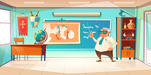 Classroom for history subject with old teacher. Vector cartoon illustration of school class interior with globe on desk, blackboard and historic map on wall