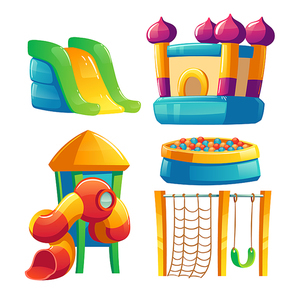 Kids playground in play park with inflatable trampoline and slide, spiral tube slide, ball poll and swing. Vector cartoon equipment in amusement center or kindergarten isolated on white background