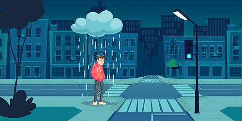 Depressed man stand under cloud with falling rain on empty night city street near crossroad with dark buildings and glowing lamp. Depression, mental problems, loneliness Cartoon vector illustration