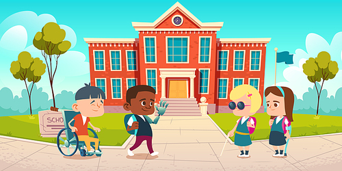 disabled kids at school yard greeting each other and communicate. multiracial . children, boy on wheelchair, child with hand bionic prosthesis, blind girl study cartoon vector illustration