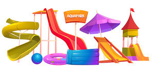 Aquapark equipment set. Modern amusement park water attractions slides, inflatable swimming pool, ball and longue isolated on white . Cartoon vector playground for kid entertainment, clipart