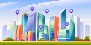Smart city with wireless communication technology and Internet of things. Vector cartoon landscape with skyscrapers, green trees and infographic icons. Digital infrastructure in town