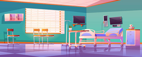 Hospital ward interior with adjustable bed, medical monitor and drop counter. Vector cartoon illustration of empty room in clinic for treatment sick patients