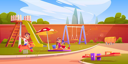 Kids on playground in summer park, garden or backyard with slide, sandbox and swing. Vector cartoon illustration of happy girl playing in sandpit and boy on rocking horse in kindergarten