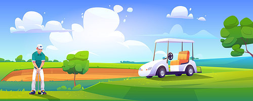 Golfer playing golf on green field hitting ball with club near cart on nature course landscape background with sand bunker and trees under blue cloudy sky. Sport tournament cartoon vector illustration