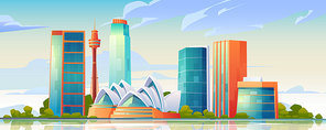 FEBRUARY 12, 2020. Vector cartoon illustration of Sydney landmarks, city skyline with Opera house banner, world famous buildings, tourist attraction architecture, megapolis skyscrapers, Australia