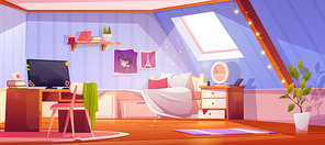 Girl bedroom interior on attic. Vector cartoon mansard teenager room with unmade bed, workspace for study with desk and computer, books and pictures on wall