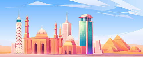Egypt landmarks, Cairo city skyline mobile phone background or screen saver with world famous pyramids, tv tower, mosque in desert tourist attraction architecture buildings Cartoon vector illustration