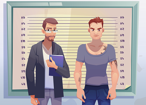 Criminal and lawyer or investigator stand on measuring scale background in police station. Arrested man gangster with tattooed body posing for identification mugshot photo. Cartoon vector illustration