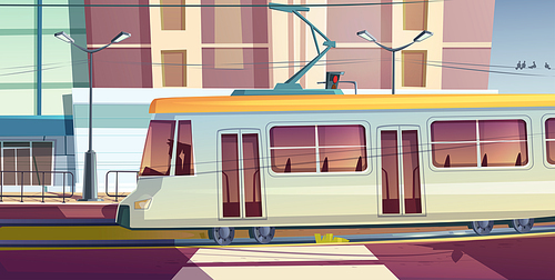 Tram riding on city street. Trolley car with driver on cityscape background, road with rails, buildings, traffic light, pedestrian crosswalk. Urban commuter and tramway railway track, cartoon vector